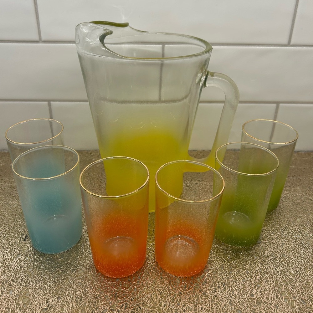 Vtg Frosted BLENDO Bar Pitcher W/ 6 Drink Juice Glass Gold Trim 50s 60s Barware